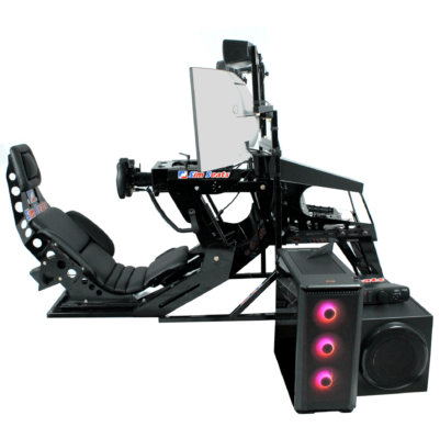 Option 3: Our GP-X sim is a lay down style simulator engineered for Formula One, Indy, and Prototype with dynamic wheel and seat adjustment with a 49" curved monitor and an aluminum base.
